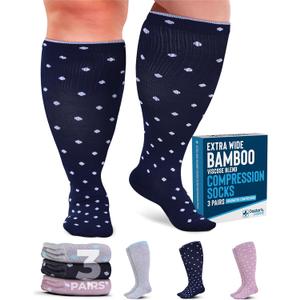 Doctor's Select 3 Pairs Plus Size Compression Socks Wide Calf | Bamboo Viscose Knee High Socks for Circulation Support | Wide Calf | Pink, Navy, Light Grey (Polkadots) (X-Large)