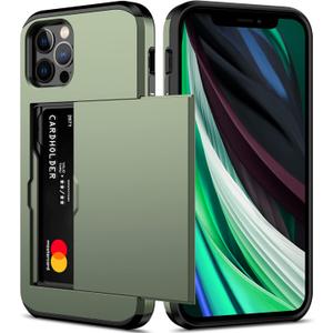 Nvollnoe for iPhone 12/iPhone 12 Pro Case with Card Holder Heavy Duty Protective Dual Layer Shockproof Hidden Card Slot Slim Wallet Case for iPhone 12/12 Pro for Men&Women(Green)