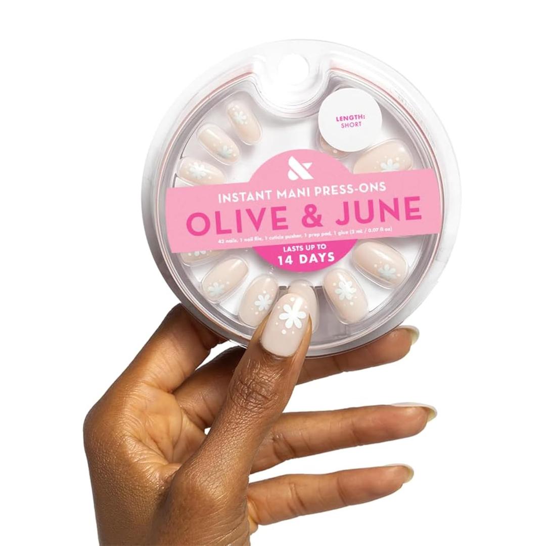 Olive & June Instant Mani Press-On Nails | (Glue) Short, Round 42 Fake Nails, 21 Sizes | Non-Toxic, Long-Lasting Recycled Materials Realistic Look | Salon-Quality at Home | Daisy Dance