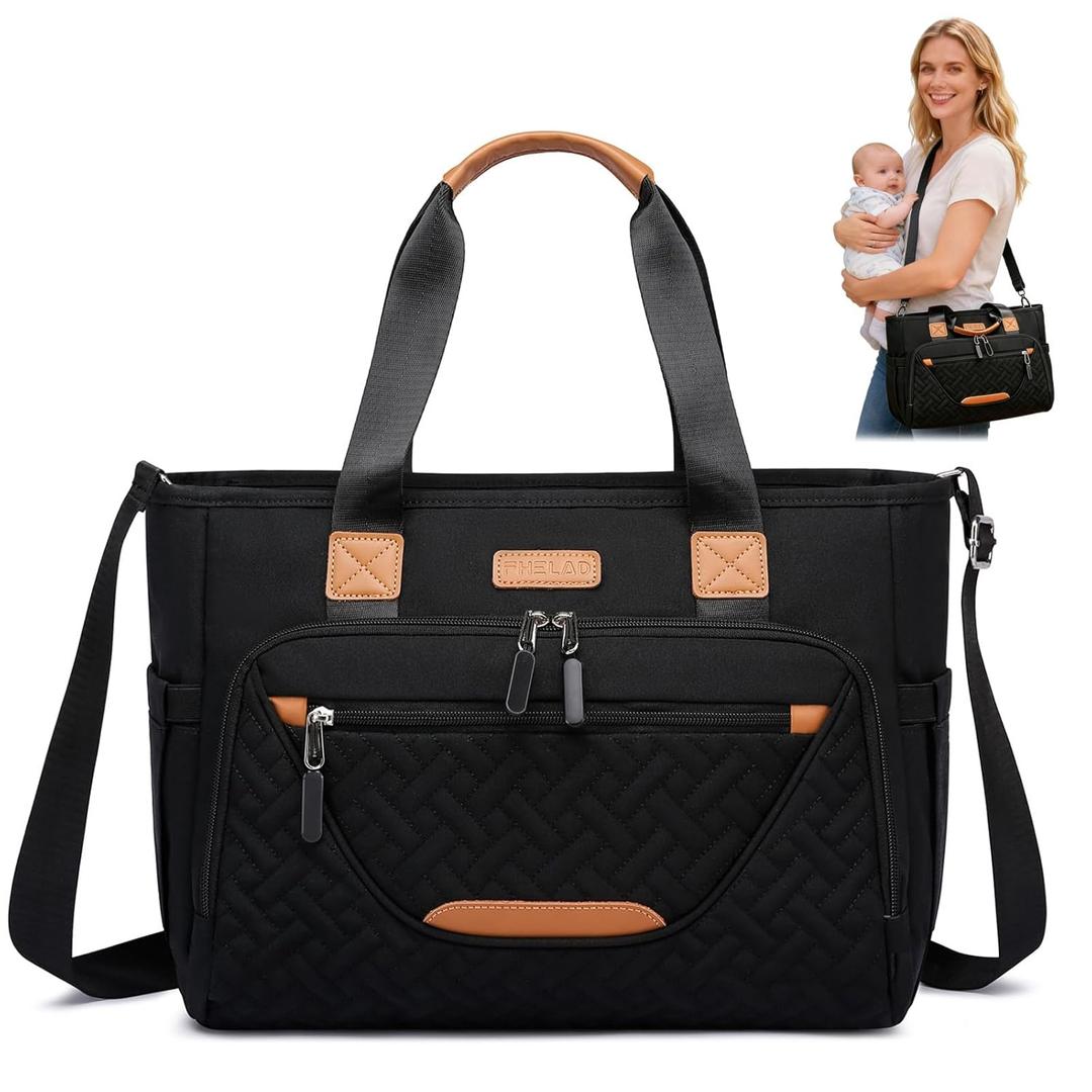 FHELAD Diaper Tote Bag, 4 in 1 Crossbody Diaper Bag with 16" Laptop Compartment, Black