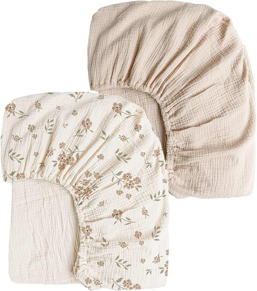 Konssy Muslin Crib Sheets for Girl Boy, 2 PCS Soft and Breathable Cotton Baby Sheets for Standard Crib Mattress, 52"x 28" (Blossom, Cream) Global Organic Textile Standard OEKO-TEX STANDARD 100
