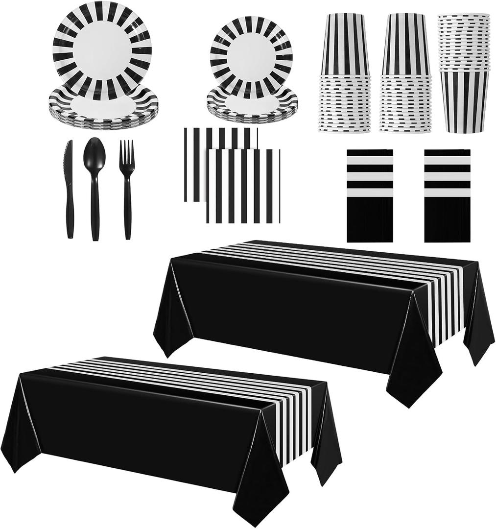 154 PCS Black and White Disposable Dinnerware Set Party Supplies Striped Tablecloth with Tableware Stripe Table Cover Plates Cups Napkins, Knives Forks Spoons