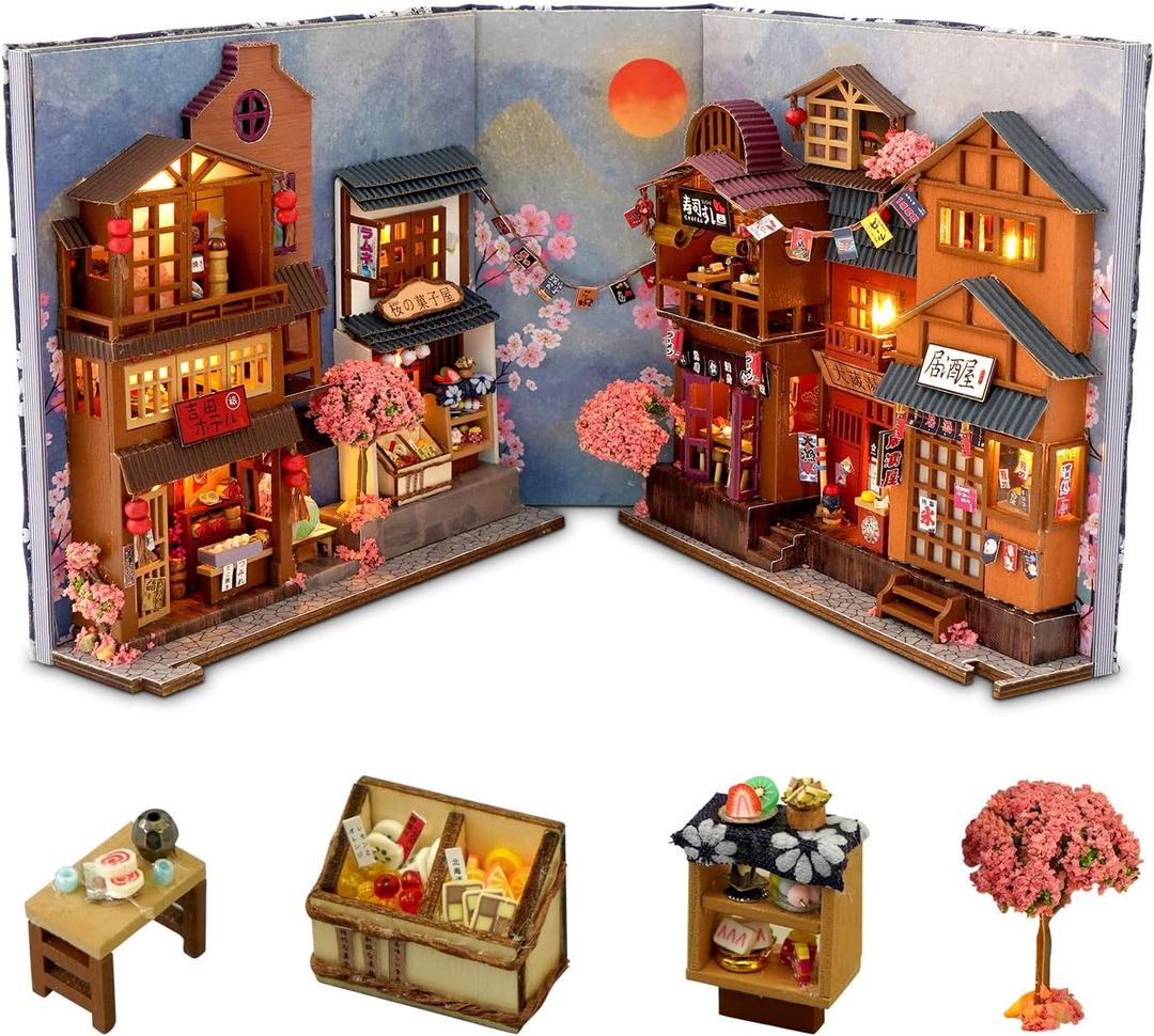 GuDoQi DIY Book Nook Kit, Dollhouse Wood Bookend, Booknook Bookshelf Insert, DIY Miniature Dollhouse Kit, Bookends Model Build for Adult, Gift for Birthday Christmas Day, Sakura Japan Corner