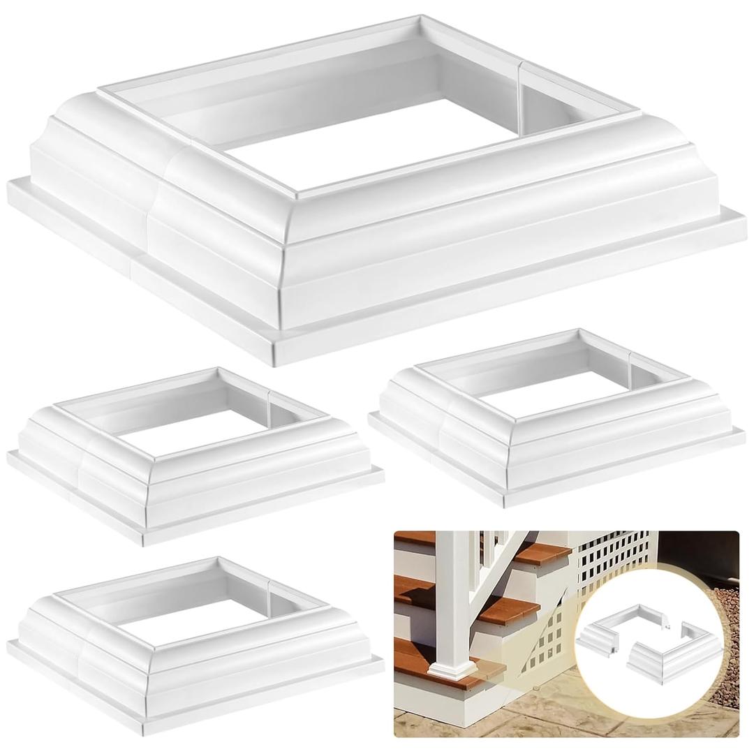 4 Pcs 4" Vinyl Post Skirts, Split Style Vinyl Fence Post Skirts, White Post Sleeves, Skirt Shoe for Hand and Stair Rails, Two-Piece England Base Trims for Porch