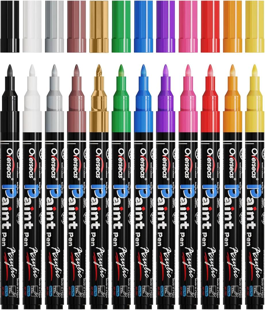 Overseas Acrylic Paint Markers Extra Fine Tip - 12 Colors Permanent Markers Acrylic Paint Pens, Waterproof Coloring Marker Pen for Wood, Metal, Rock, Plastic, Glass, Canvas, Plastic, Fabric