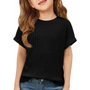 ZDC Girls Short Sleeve T Shirts Kids Summer Textured Tops Crewneck Casual Tee 5-14 Years (Black)