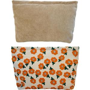 2 Large Makeup Bags Women's Corduroy Canvas Makeup Bag, Travel Makeup Bag, Wallet Organizer, Khaki and Orange Flower Pattern