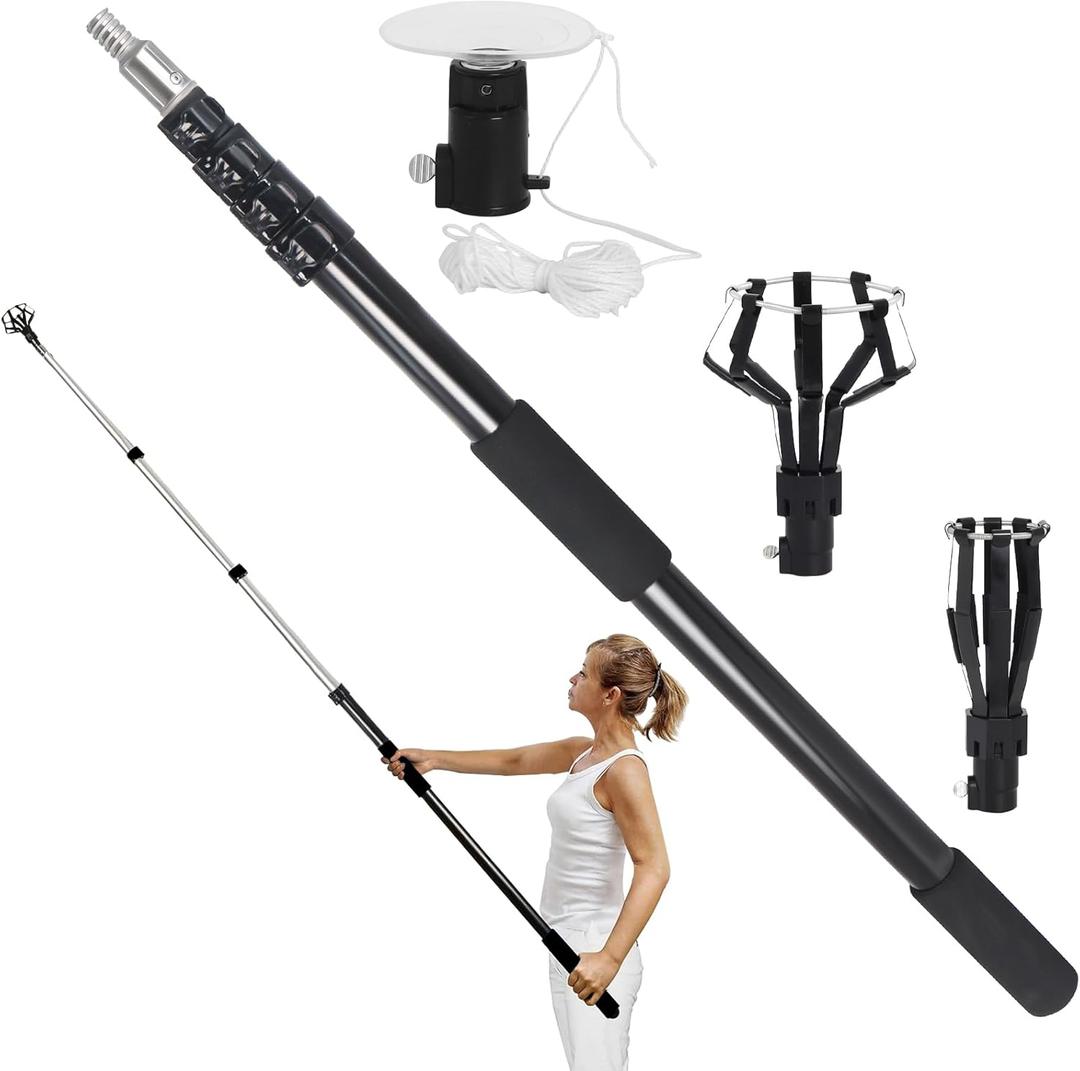 28FT Reach Light Bulb Changer for High Ceilings with 5-20FT Telescopic Extension Pole, Light Bulb Extension Pole Changer with Baskets and Suction Cup for Recessed Lights (Black)