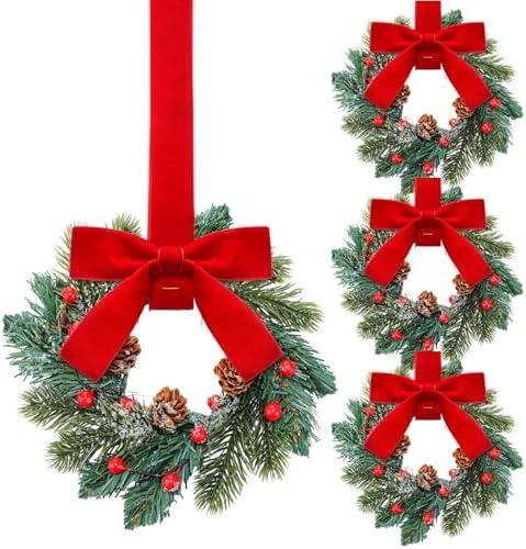 Knitgrip 2 Pcs Mini Christmas Wreaths for Cabinet Kitchen Windows Decors Bulk with Red Bow Small Artificial Norfolk Farmhouse Wreaths with Berry Pine Cone for Fireplace Front Door Porch Wall Hanging