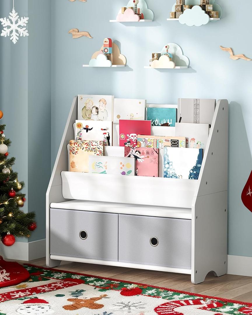 Kids Bookshelf and Toy Storage, 4 Tier Large Capacity Kids Book Rack, Sling Kid Bookcase, for Kids Room, Nursery, Playroom, White and Gray MCW06WT