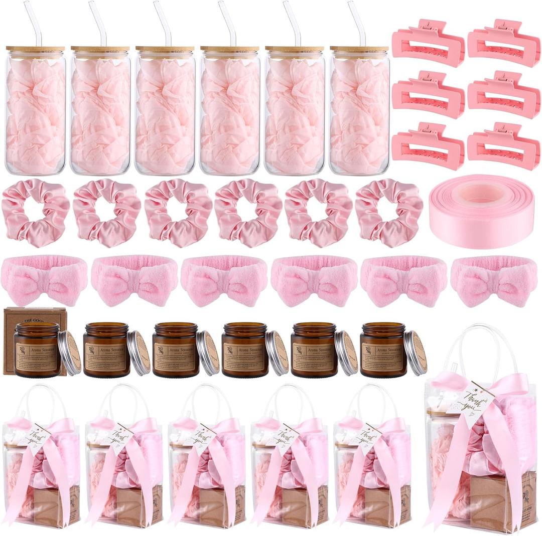 6 Sets Baby Shower Prizes for Game Winners Wedding Bridal Shower Gifts Glass Cans Headband Hair Tie Candles Hair Clips for Baby Wedding Bridal Shower Game Prizes Favors (Pink)