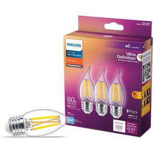 Philips LED 60W BA11 E26 Base 3-Pack Ultra Definition Soft White (2700K) 500 Lumen (5W=60W) Dimmable Clear Flicker Free Candelabra Light Bulbs