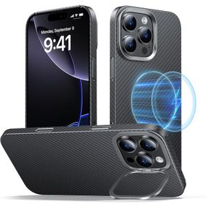 Magnetic for iPhone 16 Pro Max Case Carbon Fiber with Camera Stand [Compatible with MagSafe] [Ultra Slim & Caseless Feel] [600D Aramid Fiber Woven] Thin & Light 16 ProMax Phone Case, Black
