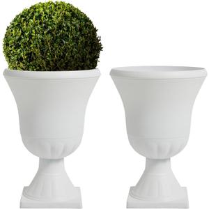 Worth Garden 2-Pack Plastic Urn Planters - 22'' Tall Round Classic Resin Flower Pots Pure White Traditional Large Plant Pots for Front Porch Patio Deck Wedding Decoration Pot - Indoor & Outdoor