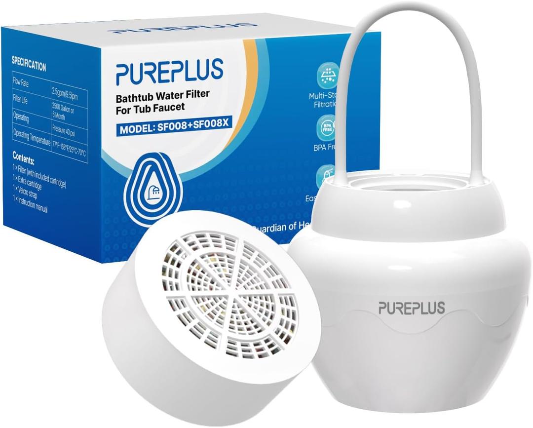 PUREPLUS Bathtub Bath Water Filter for Tub with 1 Extra Replacement Filter,11 Stages Kinder Filter,2500 Gallons Filtration,Remove Contaminants,Softer Skin & Hair,Reduce Chlorine & Heavy Metal,BPA Free