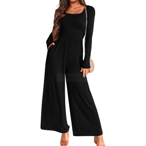 KIRUNDO Women's 2025 Spring Fashion Long Sleeve Wide Leg Jumpsuits Casual Dressy One Piece Square Neck Long Romper Pockets, S