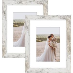 Hongkee 8x10 Picture Frame Set of 2, Made of Real Glass and Distressed White Wooden Frame - Display Picture 5x7 with Mat or 8x10 Without Mat, 8 by 10 Photo for Wall or Tabletop