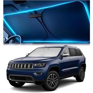 Windshield Sun Shade for Jeep Grand Cherokee 2011-2026 Custom Fit Sun Shield with Mirror CutOut, Blocks Heat & UV, Foldable with Storage Pouch - Jeep Grand Cherokee Windshield Sunshade