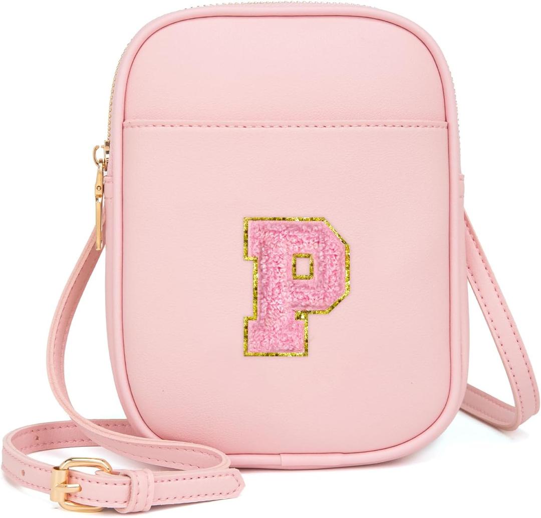 Toddler Purse Initial Crossbody Bags for Girls 3 Pockets PU Leather Cross Body Bag Crossbody Purse Handbag Personalized Preppy Teen Girl Gifts Trendy Stuff (Light Pink P)