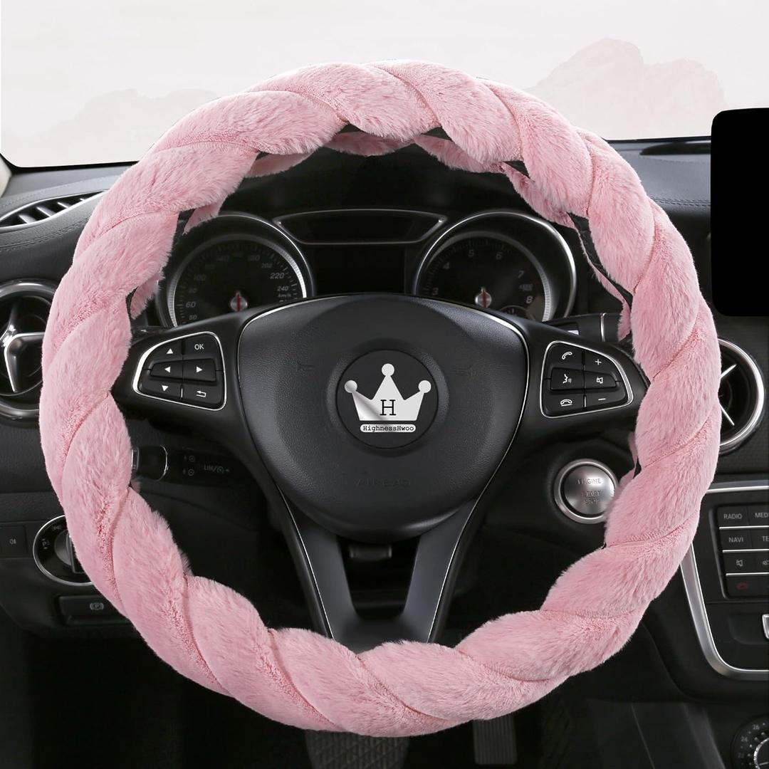 Luxury Fluffy Winter Car Steering Wheel Cover for Women Soft Warm Plush Cute Auto Accessories for Vehicle, Sedan, Universal, Fuzzy, Anti Slip, Pink, 14in, Standard Size 14.5-15"(37-38cm)