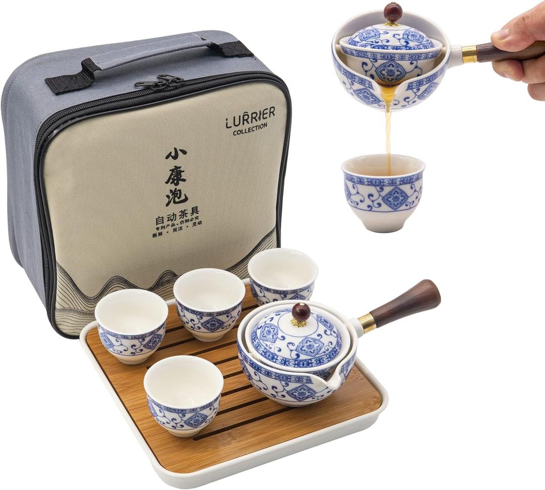 LURRIER Porcelain Chinese Gongfu Tea Set, Portable Teapot Set with 360 Rotation Tea maker and Infuser, Portable All in One Gift Bag for Travel, Home, Gifting, Outdoor and Office (Floral White)