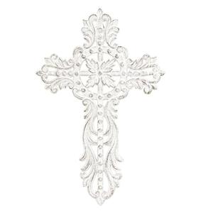 Sungmor Cast Iron Cross Wall Decor - Pretty & Ornate Metal Art, Vintage Decorative Outdoor Hanging, Rustic White Religious Sculpture for Farmhouse Home