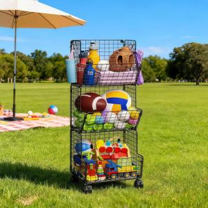Sonyabecca Outdoor Toy Storage Basket, Play Kitchen Organizer with 5 S-Hooks,3 Tier Rolling Storage Cart Garage, Pantry Floor Snack Cart with Wheels, Toy Shelf Dog Storage Organizer Kids Bookshelf