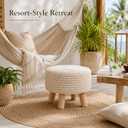 13" Round Handmade Cotton Knitted Boho Small Ottoman with Non-Skid Wood Leg, 13"D x 13"W x 10.6"H