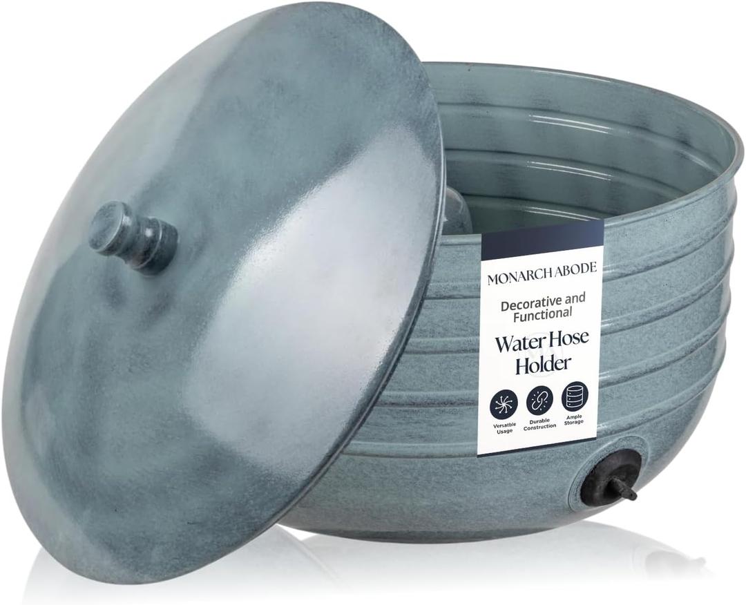 Monarch Abode Garden Hose Holder with Lid Decorative Water Hose Holders for Outside, Border Embossed Metal Patina Pot with Drainage, 100ft Waterhose Holder for Outside, Garden Storage Caddy