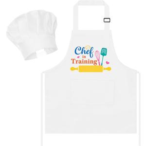R HORSE Kid Apron and Chef Hat Set 2Pcs Adjustable Children White Kitchen Apron Dress up Role Play Chef Toy Kid Funny Cooking Gift Birthday Gift for Kids Cooking Baking Painting and Training