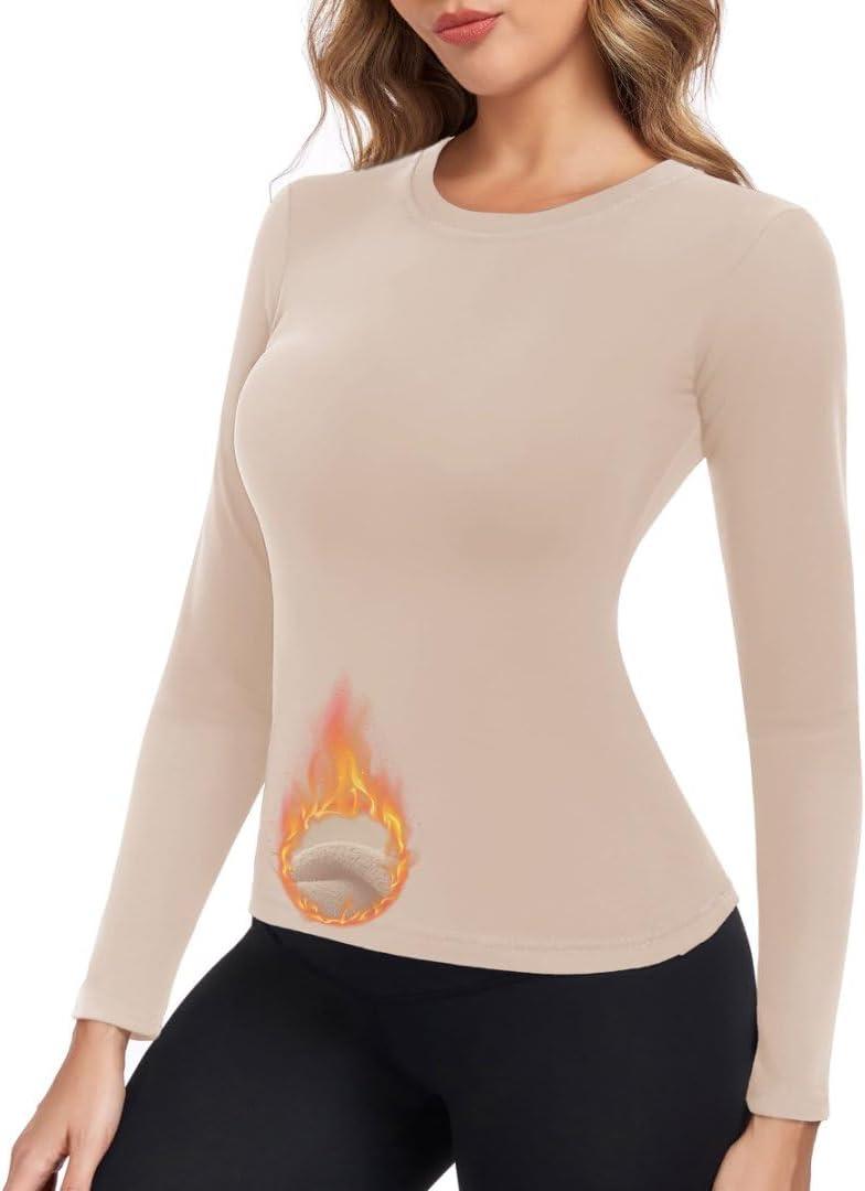 Thermal Underwear Tops for Women Long Sleeve Crewneck Shirts - Fleece Lined Soft Stretch Fitted Baselayer for Winter (Pink, S)