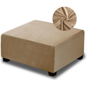 NeColorLife Velvet Square Ottoman Cover, Stretchable Footrest Stool Slipcover with Elastic Band for Rectangle and Square Storage Ottoman(Large, Camel)