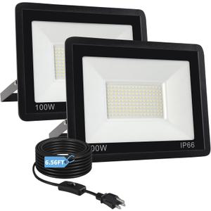 100W Flood Lights Outdoor,12000LM Bright LED Work Light,IP66 Waterproof Outdoor Lights with Switch and 6.5FT Plug,6500K Daylight White Outside Lights for YardGarage,Garden,Stadium(2 Pack)
