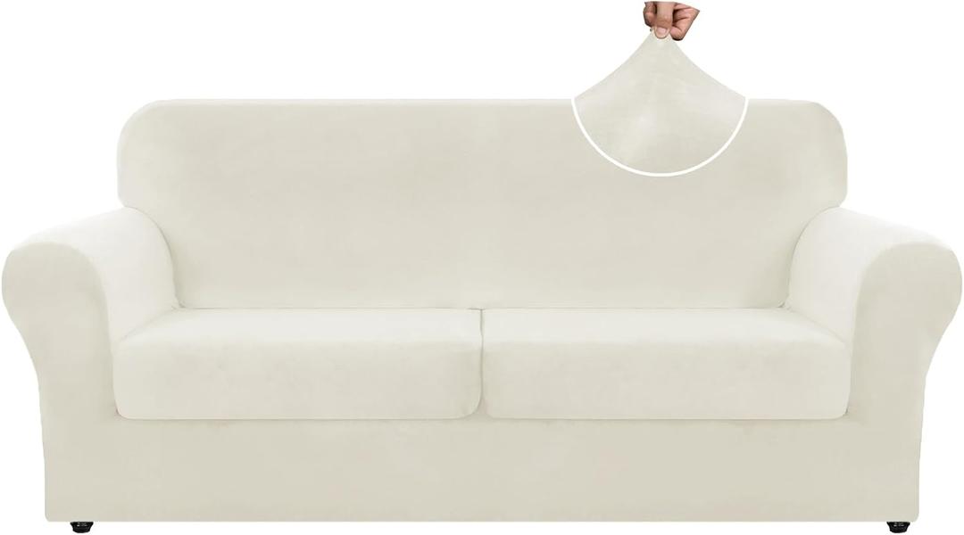 ZNSAYOTX Oversized Velvet 3 Piece Couch Cover with 2 Extra Large Seat Cushion Covers Stretch Sofa Cover for 2 Cushion Couch Thick Soft Loveseat Sofa Slipcover (Beige),72"-92"(2 Cushions)