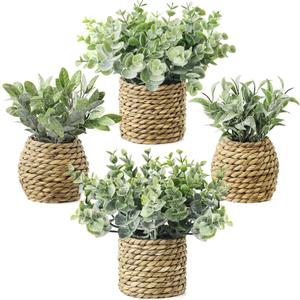Small Fake Potted Plants: 7 Inches Artificial Plants with Seagrass Handwoven Planters, Indoor Farmhouse Decorations, Eucalyptus Plant for Home Bathroom Office Shelf Tabletop Desk Room Decor or Gift (Straw)