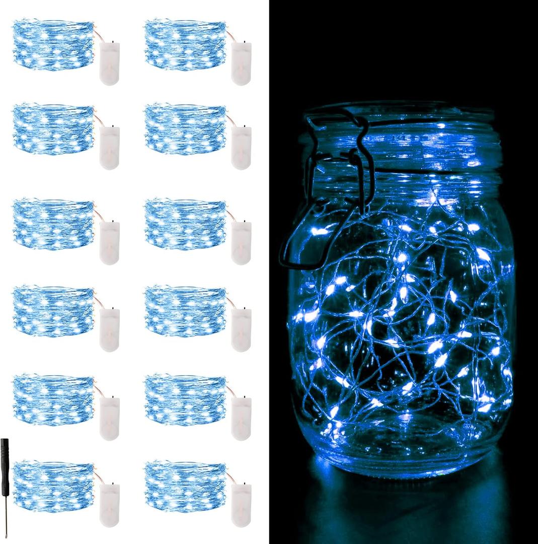 2 x 12 Pack Fairy Lights Battery Operated String Light7FT 20LED Waterproof Silver Wire Christmas Lights Outdoor,Firefly Mini Light for Bedroom Party Birthday Wedding Indoor Decorations Home Decor (Blue)