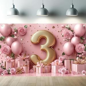 Starlit Patio Pink 3rd Birthday Backdrop 71 x 43 Inch Gold Balloon Number Party Banner Elegant Floral Photo Booth Background Decorations for Girls Kids Third Birthday Celebration