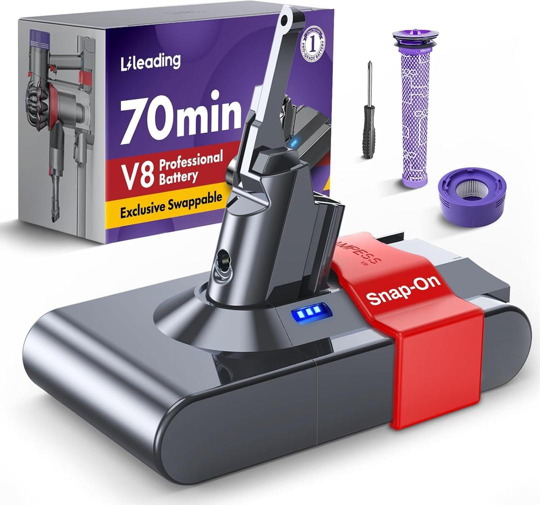 Exclusive Swapple 70 Min Runtime V8 Replacement Battery, Compatible with Dyson V8 Animal, Absolute, Motorhead, Fluffy, with Battery Lock & 2 Filters