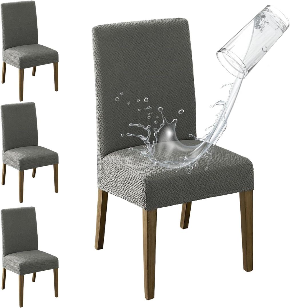 MOSAYT 100% Waterproof Dining Room Chair Covers Set of 4, Super Fit Stretch Jacquard Parson Chairs Slipcovers Removable Washable Chair Seat Protectors for Home, Kitchen, Banquet (Grey)