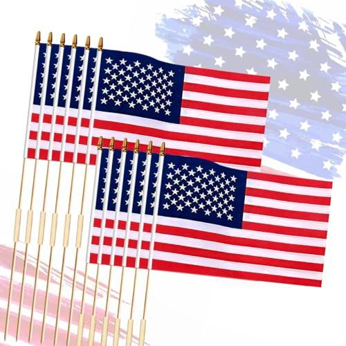 12x18 Inch 12Pcs American Flags with Spear Top on Stick, 250 Anniversary USA Flag, American Hand Held Flag for Memorial Day, Fourth of July, Outdoor Decorations