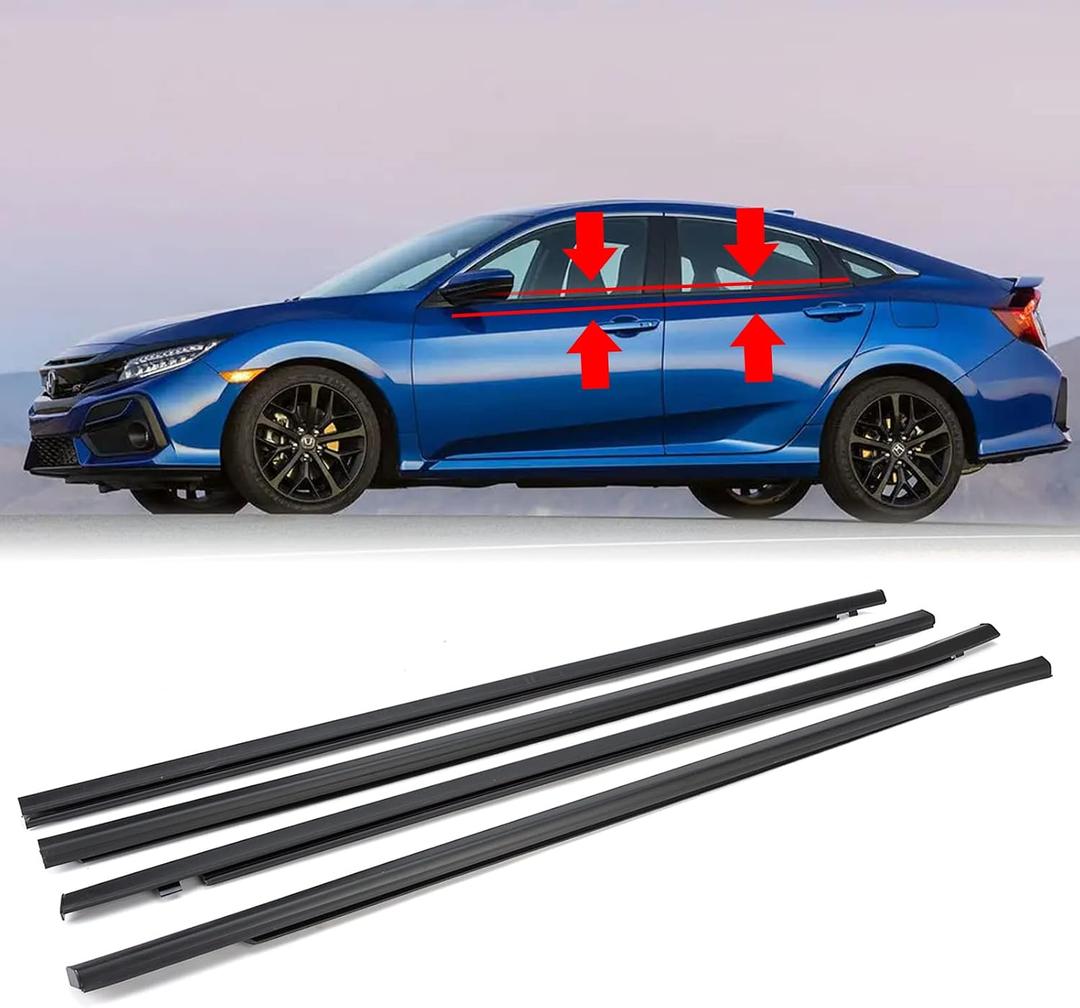 4Pcs Weatherstrip Window Moulding Trim Seal Belt Compatible with 2016-2021 Honda Civic 4 Door Sedan