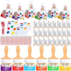 Skyygemm 24 Sets Valentines Day Gifts for Kids Valentines Cards Mini Painting Canvas Panel with Wooden Easel Watercolor Paints Brush Kit for School Classroom Exchange Gifts(Bear)