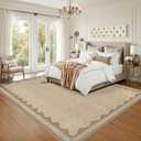 GarveeHome Scalloped Washable 8x10 Rug for Living Room Non-Slip Solid Tan Jute Digital Printing Modern Low-Pile Carpet 8 x 10 Rug for Bedroom Dining Nursery Mat with Rubber Back