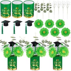 LemonRoad 57Pcs Class of 2026 Graduation Table Flower Centerpiece Includes Gold Foil Congrats Grad Vase with Artificial Flower Mini Graduation Cap for Grad Party Decorations Prom Decor(Green, Gold)
