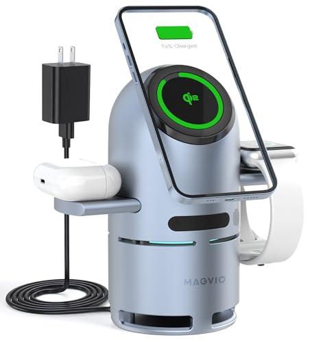 Magvio 3 in 1 Mag-Safe Charging Station with Bluetooth Speaker, Auto-Rotating Magnetic Stand, 15W Qi2 Fast Wireless Charger for iPhone 17/16/15/14/13/12, Apple Watch, AirPods, 30W USB-C Adapter