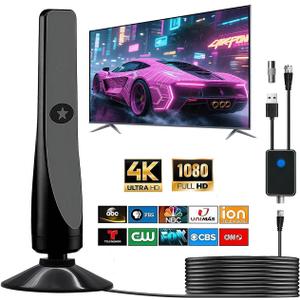 TV Antenna, Amplified HD Digital TV Antenna,for Long Range Reception,All Smart HD Digital Antennas with Amplifier Signal Booster for Local Channels Supports 4K 1080P,with High Performance Coax Cable-T (Black)