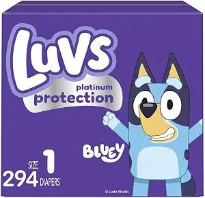 Luvs Size 1 Baby Diapers, Platinum Protection Bluey Diapers for Day & Night,Size 1 (8-14 lbs), 294 Count