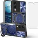 Asuwish Phone Case for Samsung Galaxy S25 Edge Slide Camera Cover with Tempered Glass Screen Protector and Ring Holder Stand Hybrid Mobile Cell Accessories S25Edge 25S S 25 25Edge Women Blue