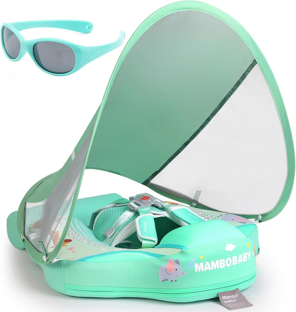 Mambobaby Float with Canopy and Tail New Upgraded Non-Inflatable Baby Pool Float Mambo Float Swim Trainer Solid Infant Swim Float Adjustable Pearl Foam Baby Swim Ring (Deluxe Flat Animal Green)