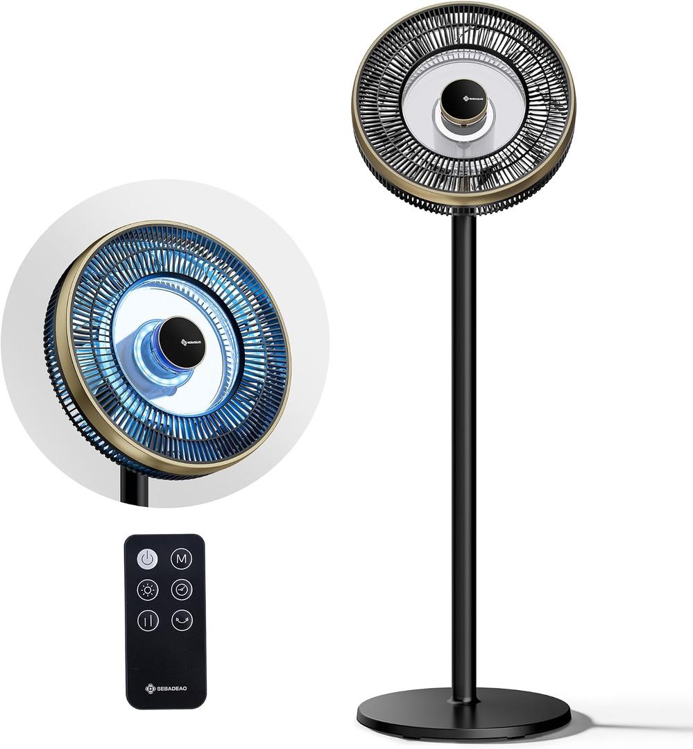 Fan for Bedroom, 25dB Quiet Fan 100ft Airflow, 90° Oscillating Standing Fans with RGB Light, Pedestal Floor Fan with DC Motor, 15H Timer, 4 Speeds 4 Modes, Remote, Home, Office, Indoor, Small